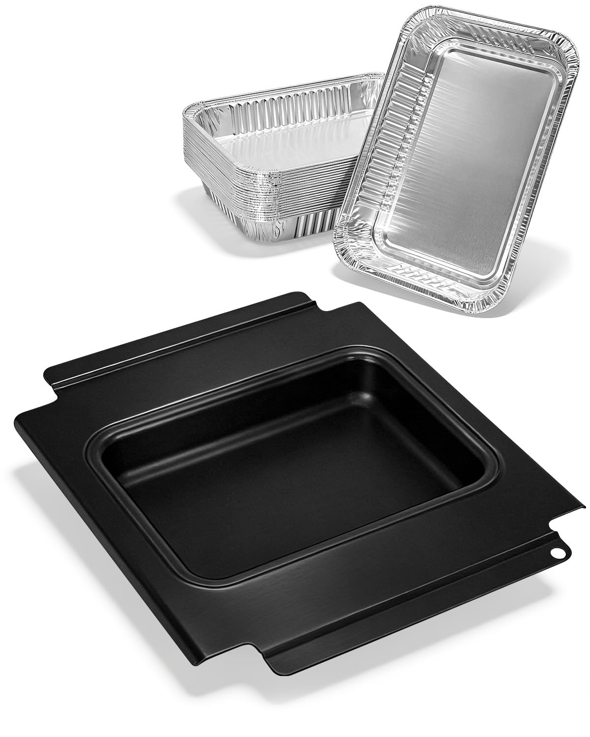 Matchwaves front view of catch pan kit showing tray and 20 liners, quick replacement benefit