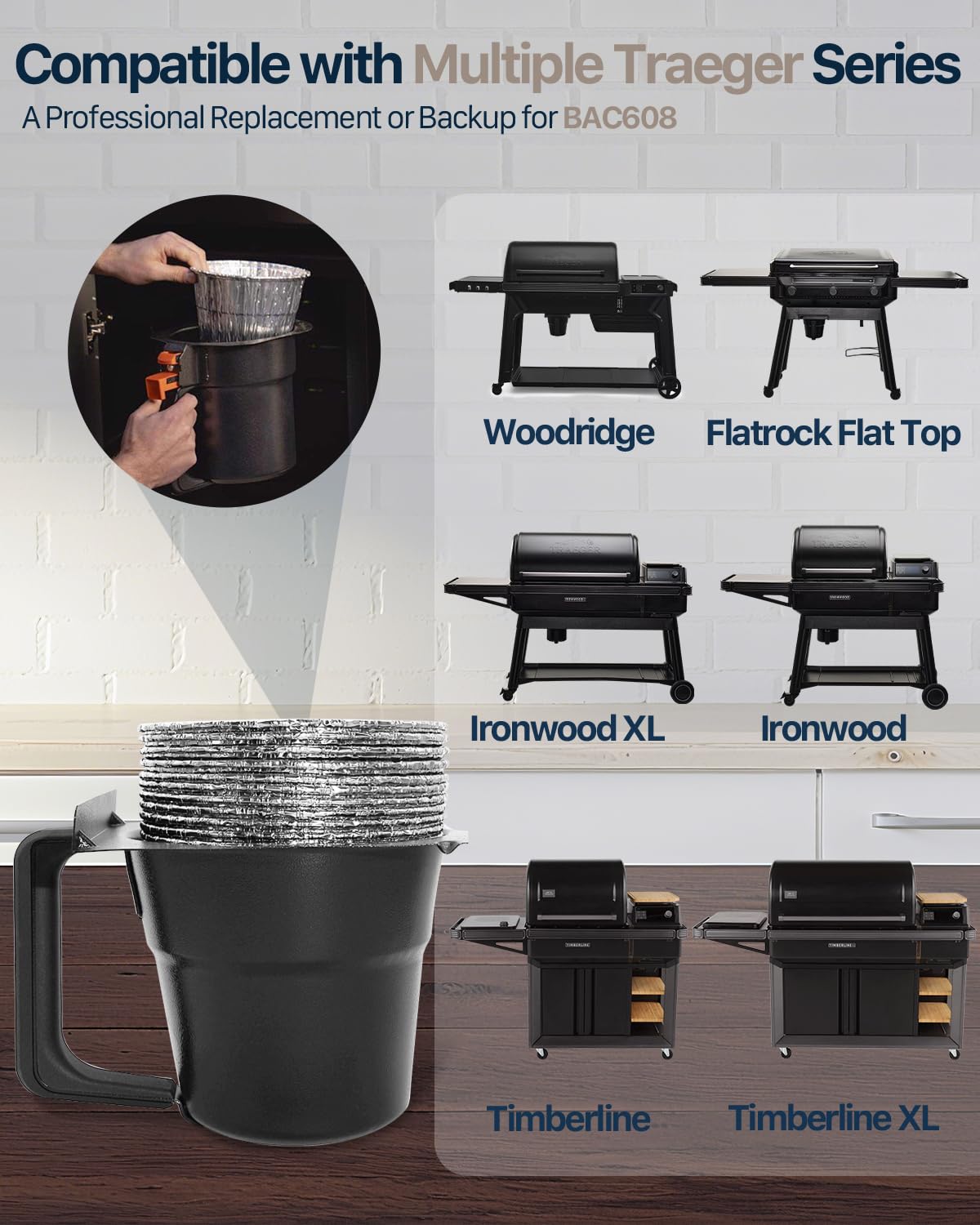 Matchwaves liner fitted inside Traeger grease bucket demonstrating secure fit