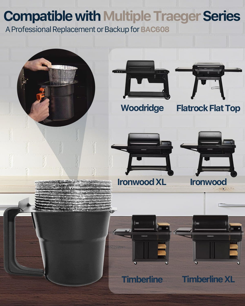 Matchwaves liner fitted inside Traeger grease bucket demonstrating secure fit
