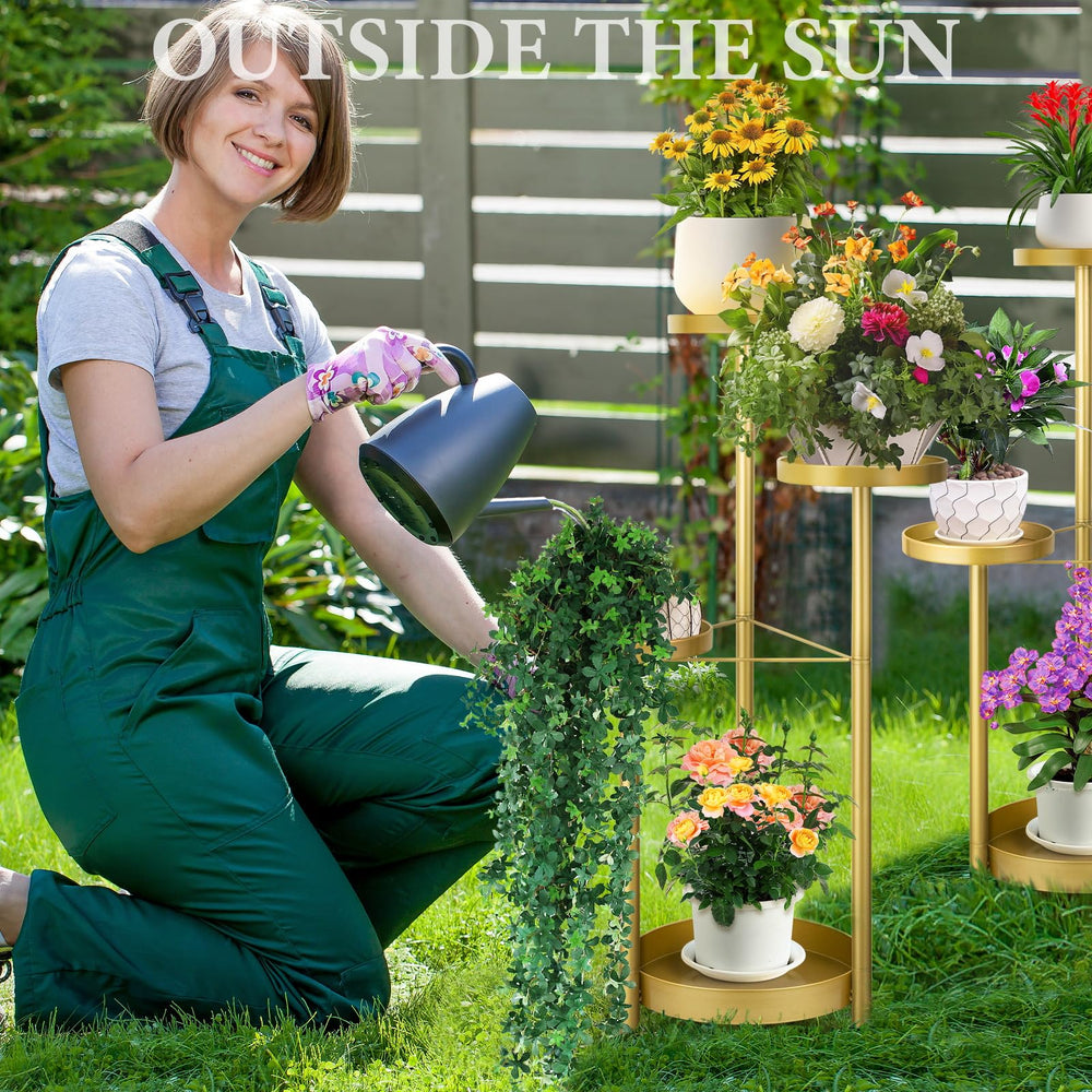 Matekxy plant stand holding four potted plants to maximize vertical space