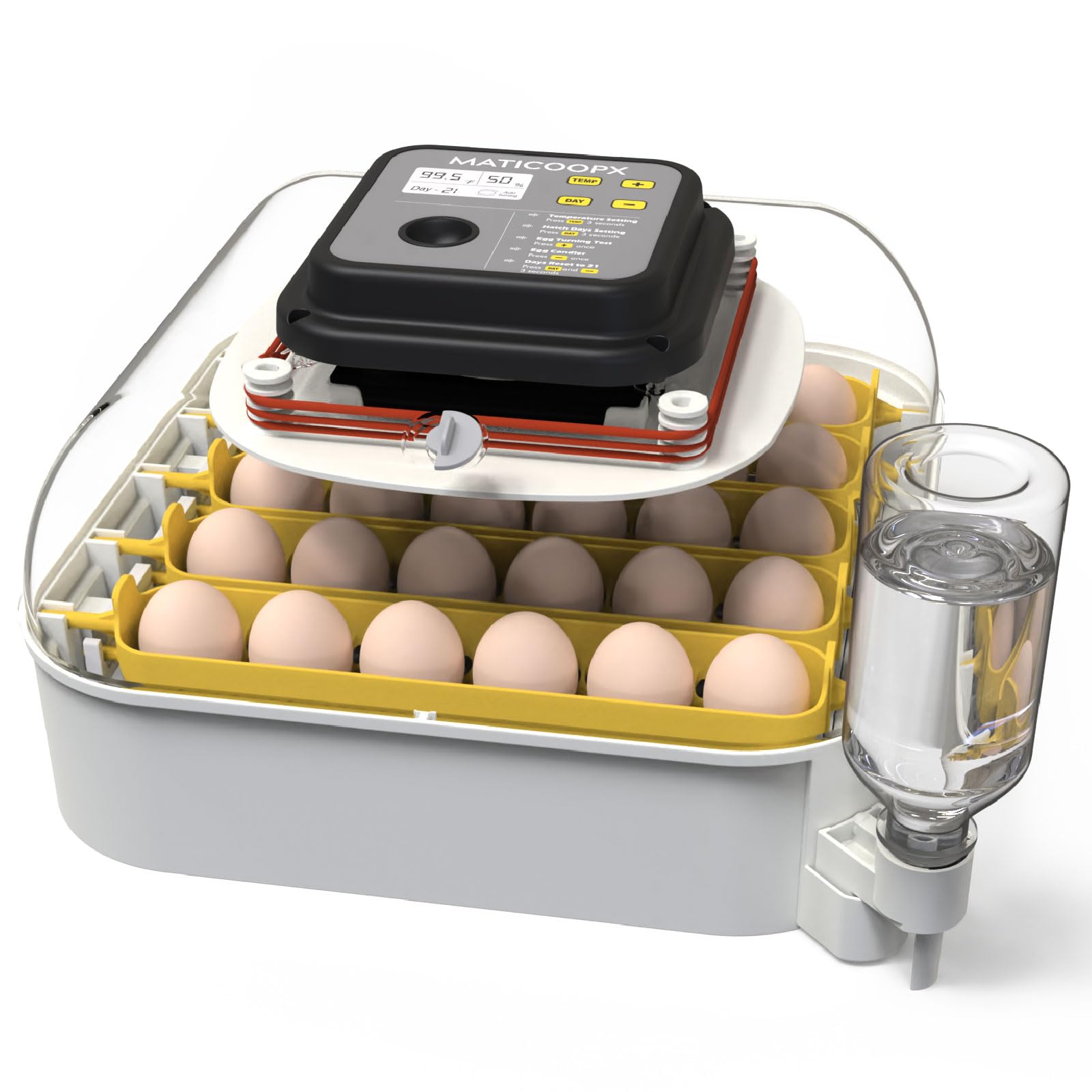 MATICOOPX front view showing compact incubator and clear lid, helps monitor eggs easily