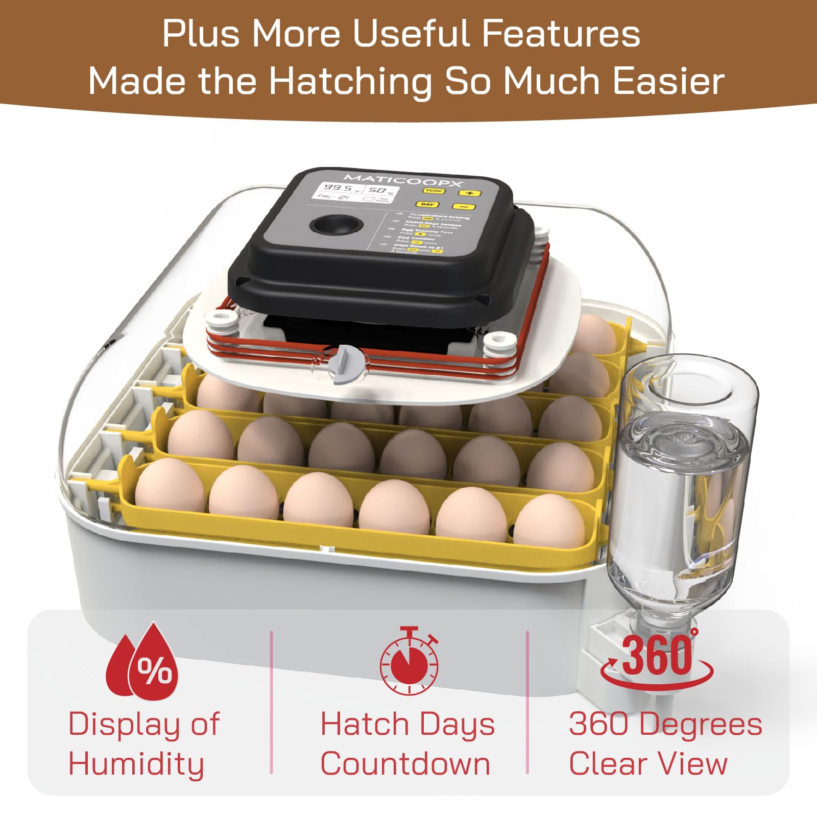 MATICOOPX lifestyle backyard hatching scene with incubator and chicks, supports small-scale breeders