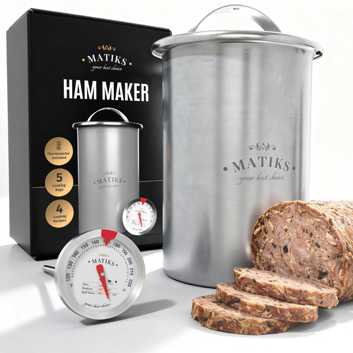 Matiks ham press front view showing stainless steel body and compact benefit