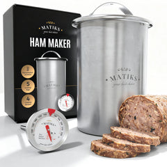 Matiks ham press front view showing stainless steel body and compact benefit