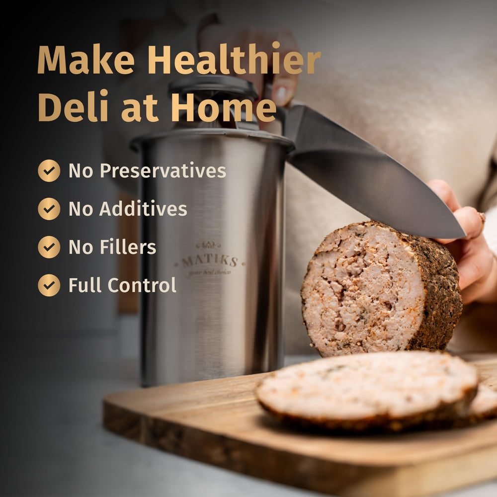 Matiks ham press sliced loaf on cutting board for consistent sandwich portions