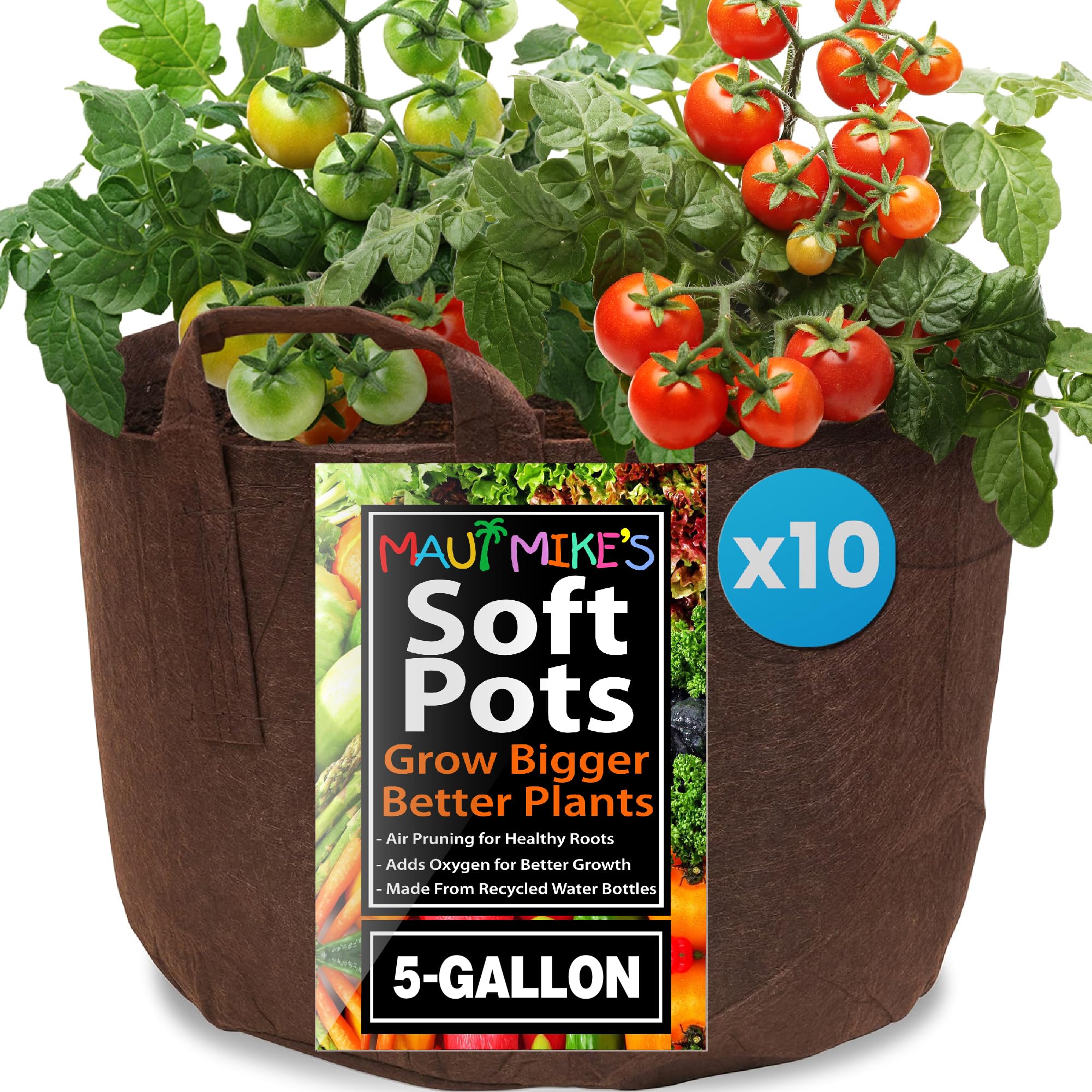 MAUI MIKE'S front pack of 10 brown 5-gallon root pouches showing contents and benefits