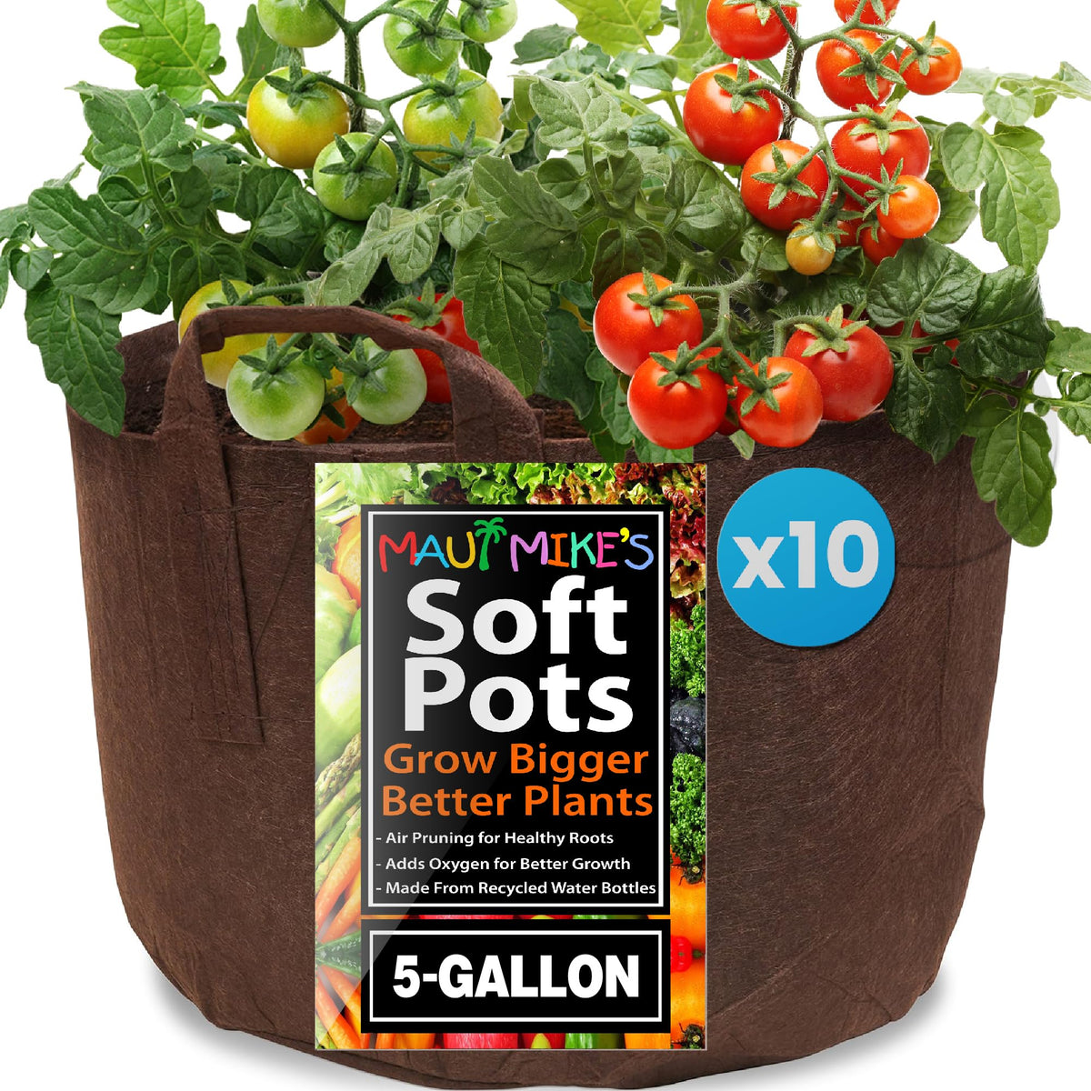 MAUI MIKE'S front pack of 10 brown 5-gallon root pouches showing contents and benefits