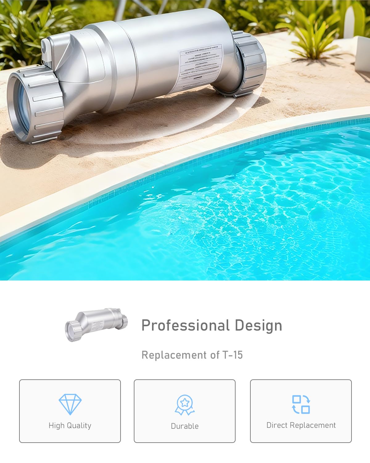 Maureen T-15 near clean swimming pool illustrating reliable chlorination results
