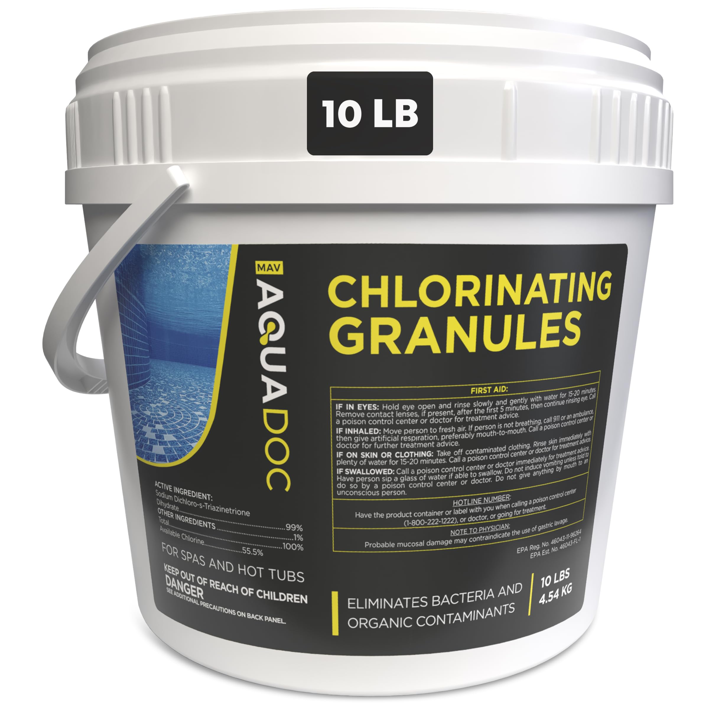 MAV AquaDoc front packaging showing 10 lb container and clear branding benefit: reliable supply