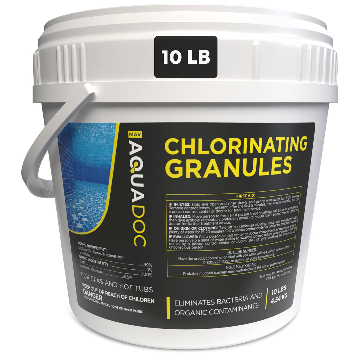 MAV AquaDoc front packaging showing 10 lb container and clear branding benefit: reliable supply