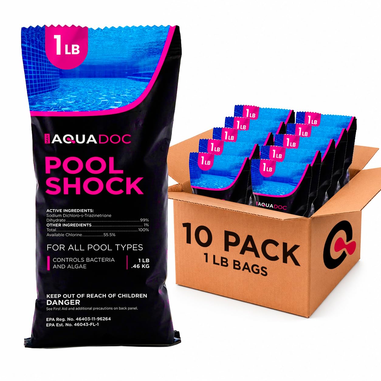 MAV AquaDoc front packaging showing ten 1 lb bags and product branding for easy storage