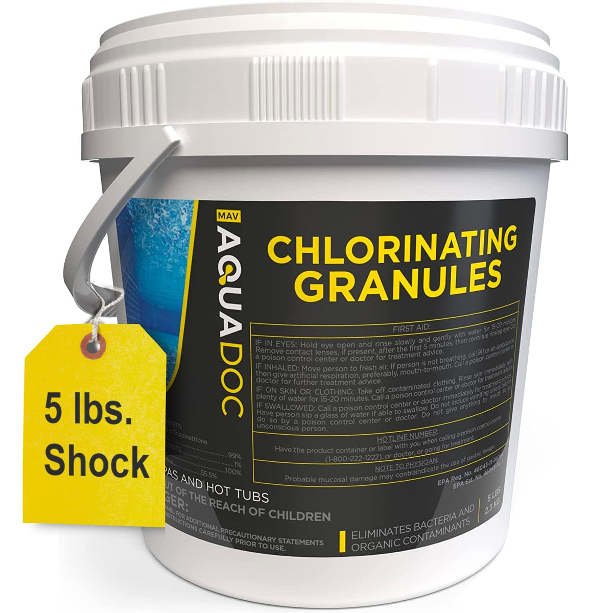 MAV AquaDoc front packaging showing 5 lb tub and benefits