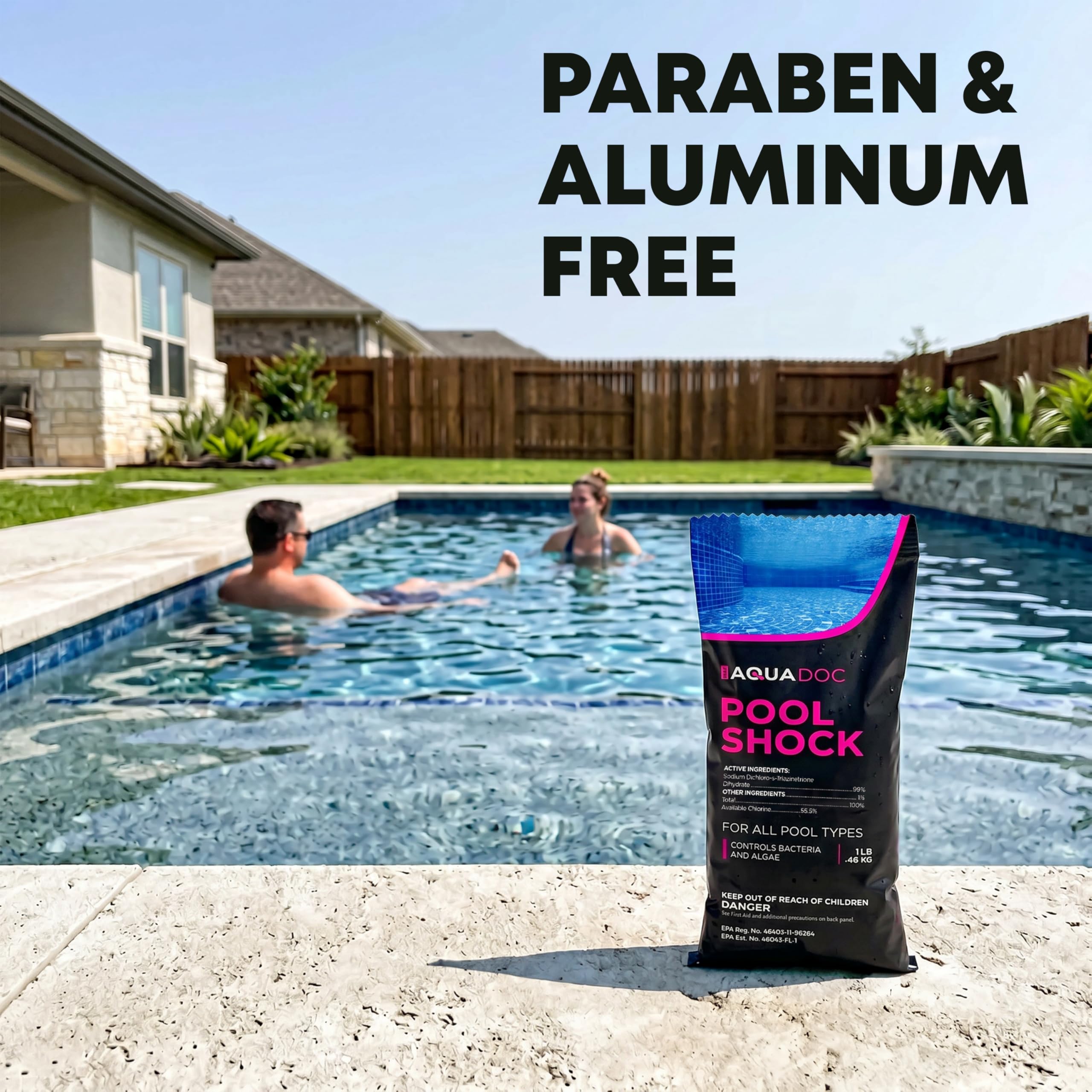 MAV AquaDoc granules dissolving on pool surface demonstrating quick dispersion and water clarity