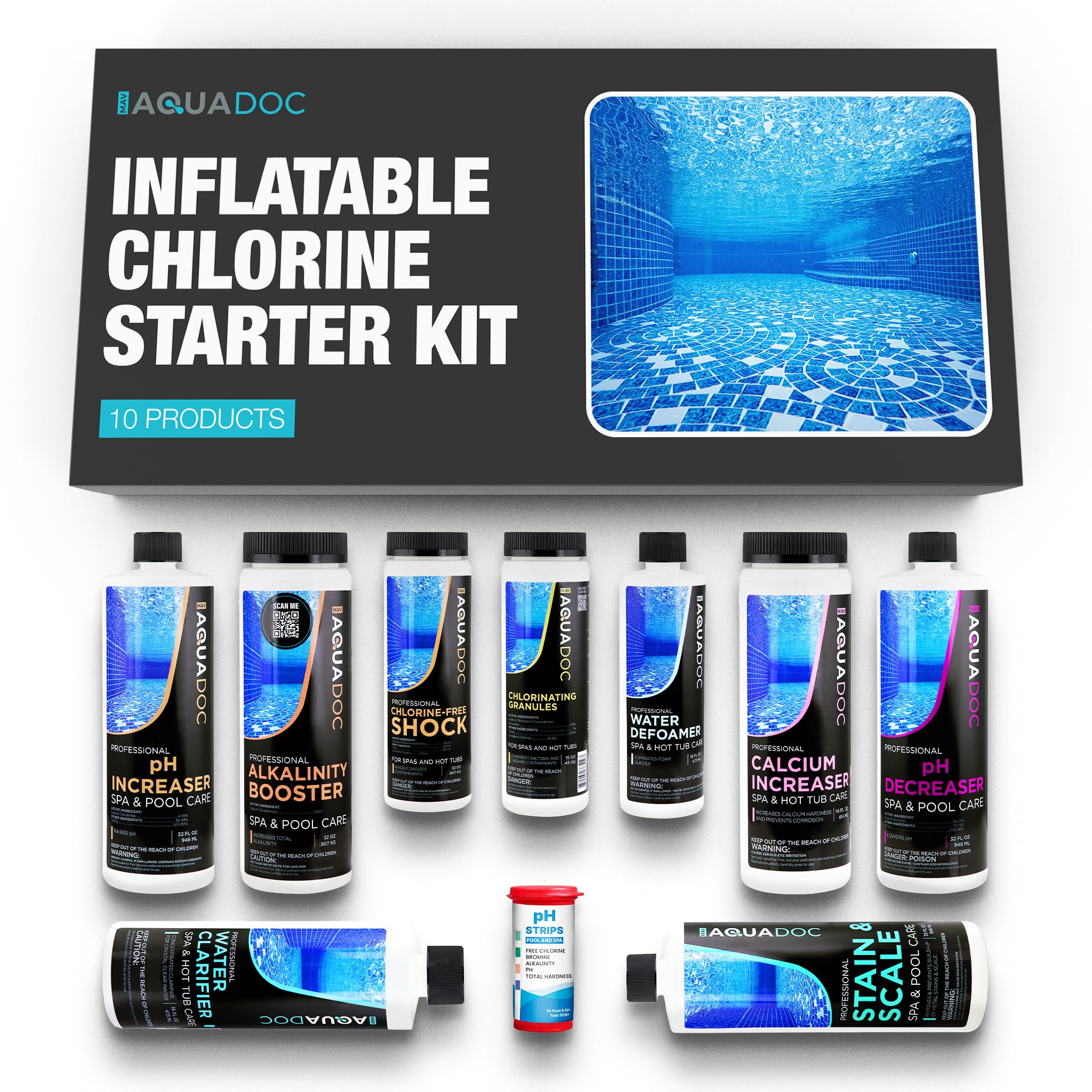 MAV AquaDoc kit front display showing complete spa chemical set and convenience