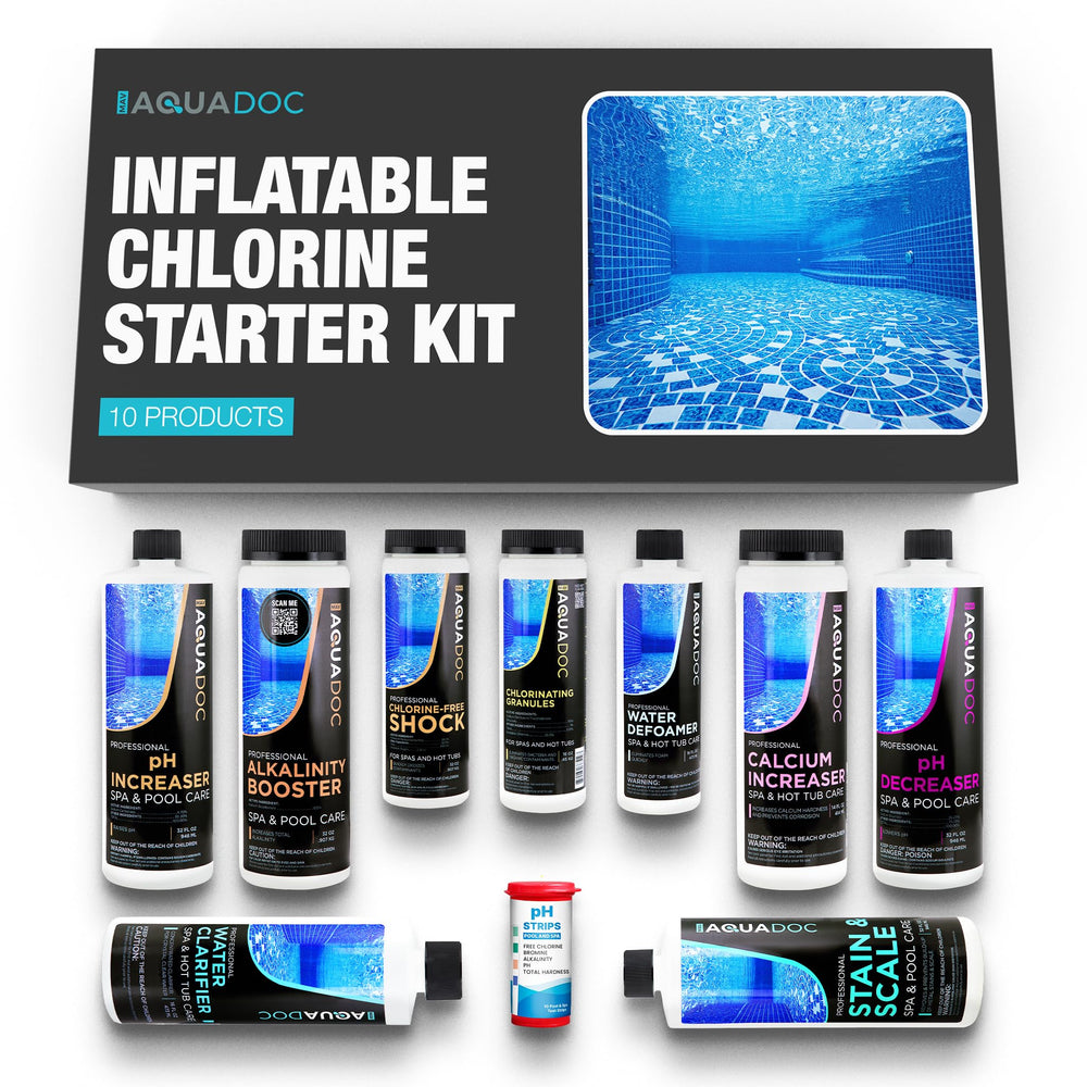 MAV AquaDoc kit front display showing complete spa chemical set and convenience