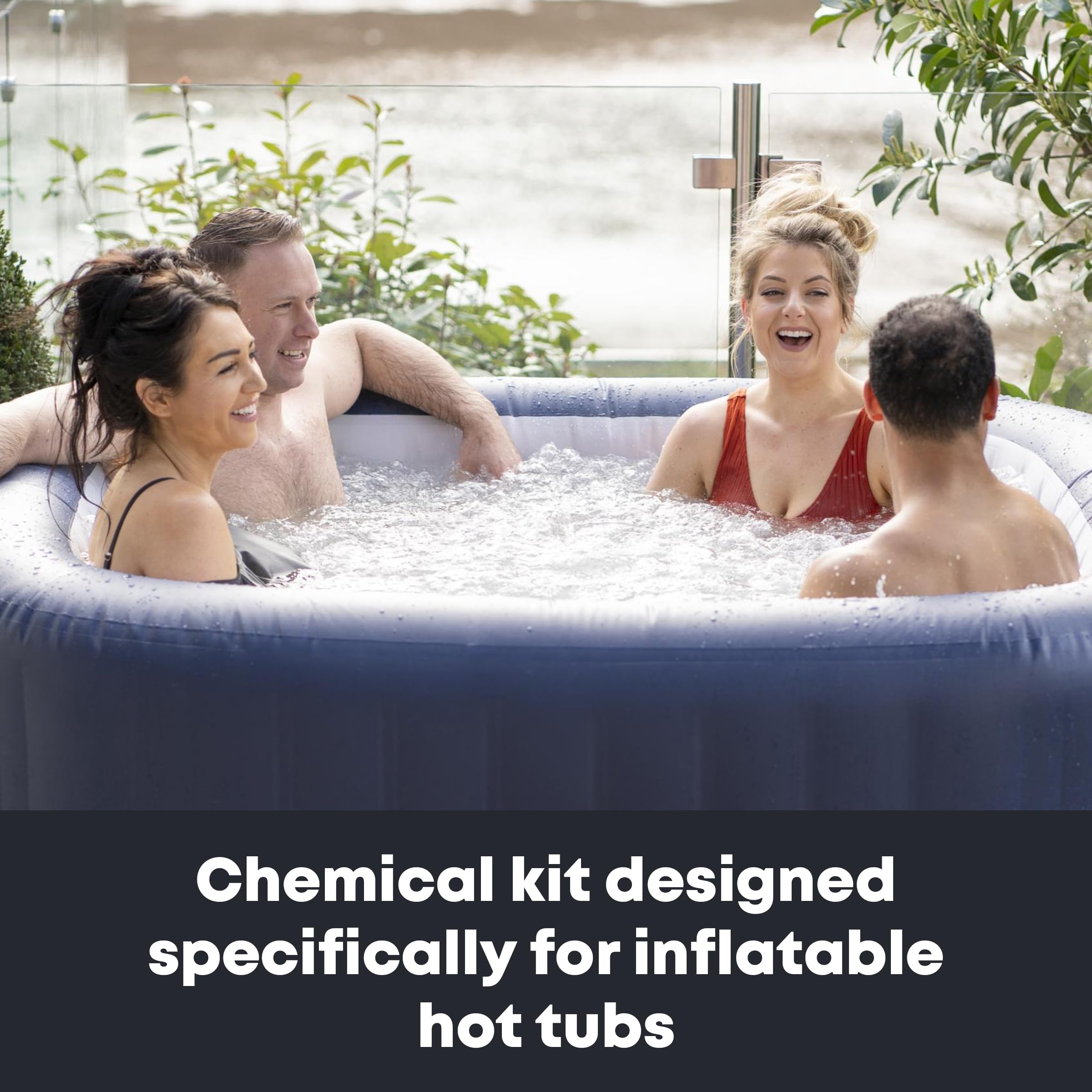 MAV AquaDoc kit in backyard spa at dusk creating inviting, well-maintained water