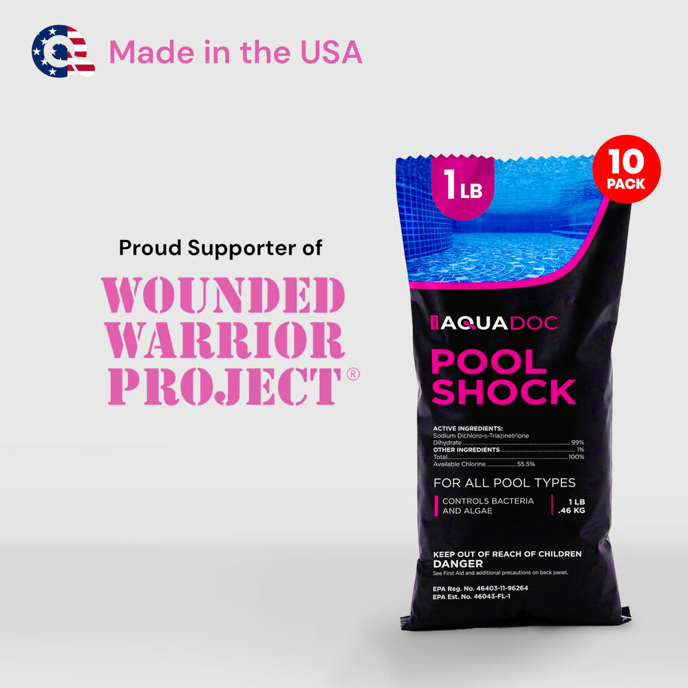 MAV AquaDoc pack beside clear backyard pool illustrating professional maintenance results