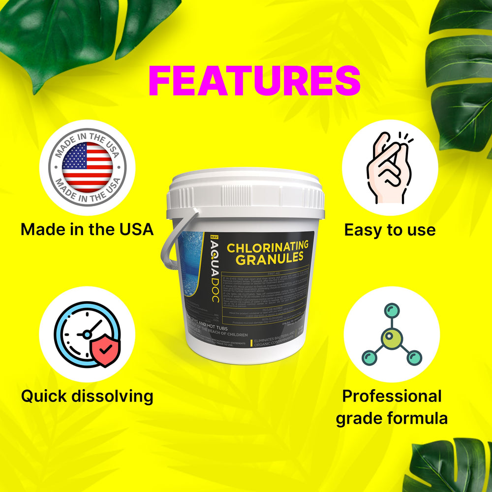 MAV AquaDoc bucket next to measuring cup showing treatment scale