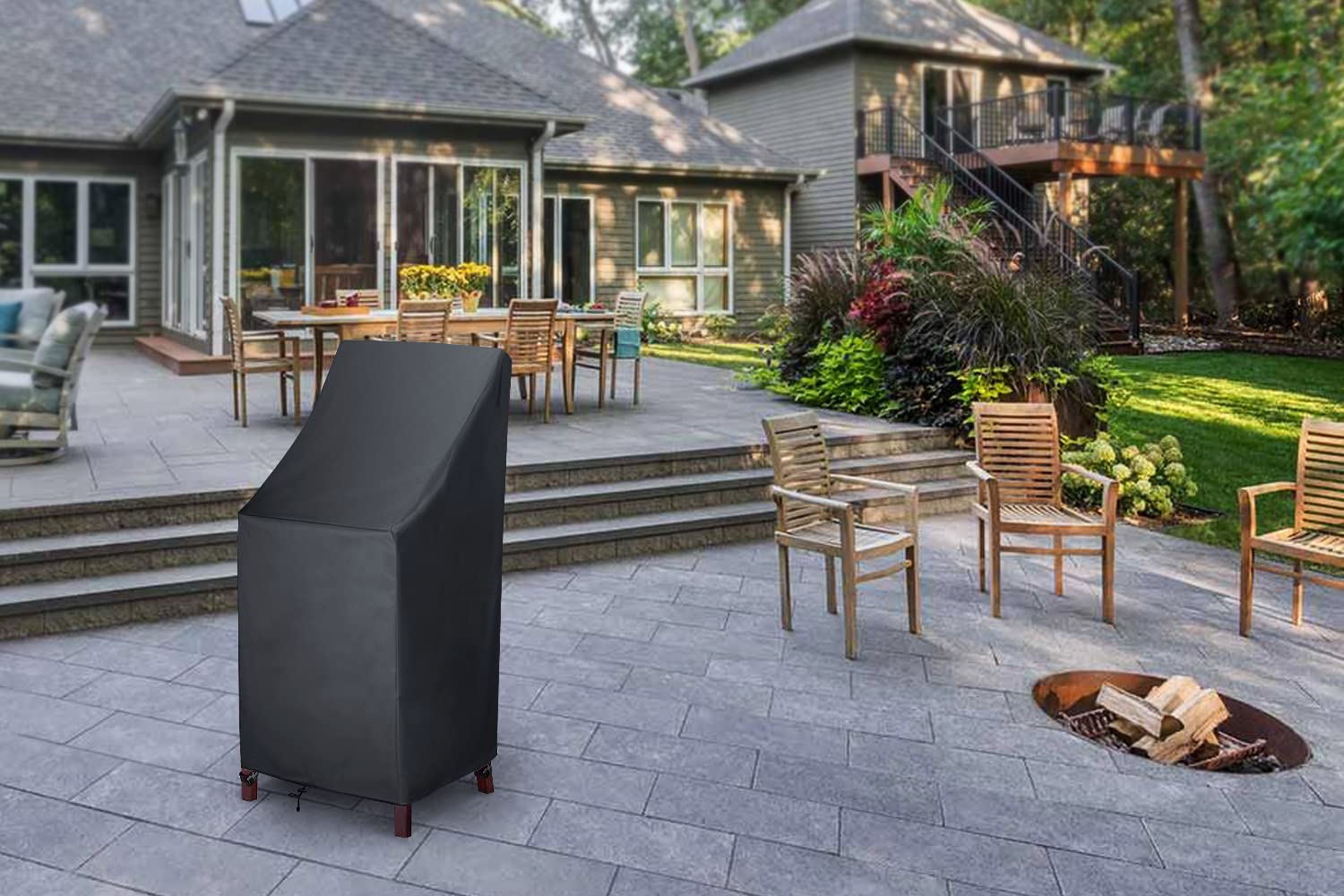 MAVINCHER lifestyle patio setting with covered chairs protecting outdoor furniture