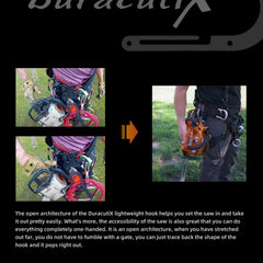 Mavnai DuracutiX holding a chainsaw handle showing one-hand retrieval benefit
