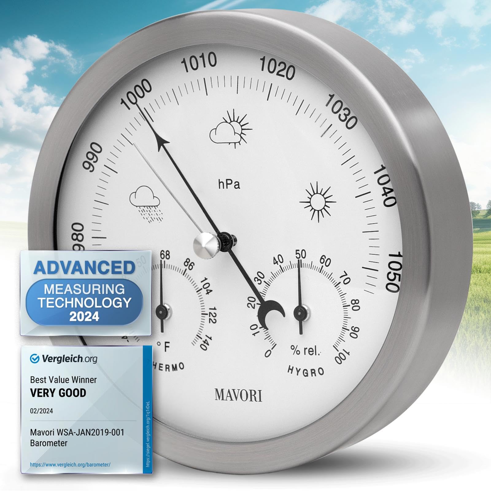 MAVORI front view showing stainless steel frame and clear readings for elegant decor