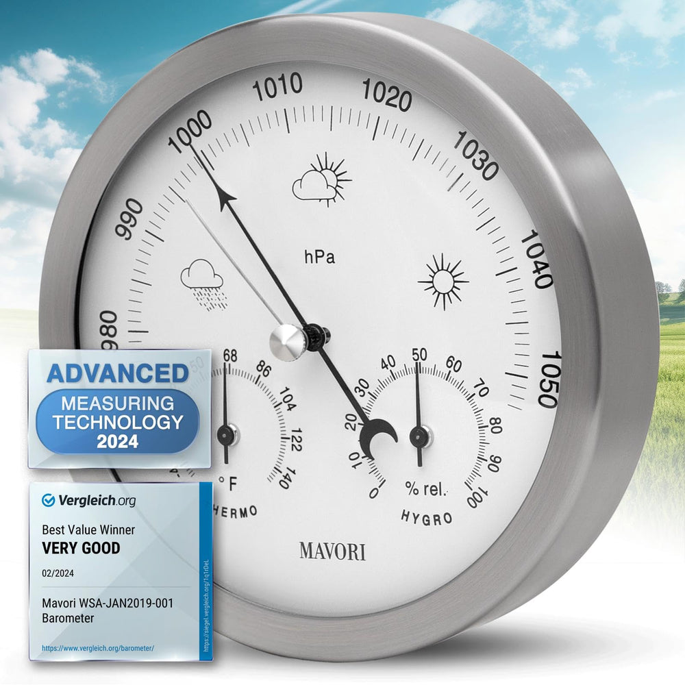 MAVORI front view showing stainless steel frame and clear readings for elegant decor
