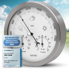 MAVORI front view showing stainless steel frame and clear readings for elegant decor