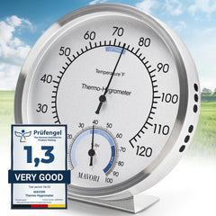 MAVORI front view stainless steel displaying clear temperature and humidity readings for quick comfort checks