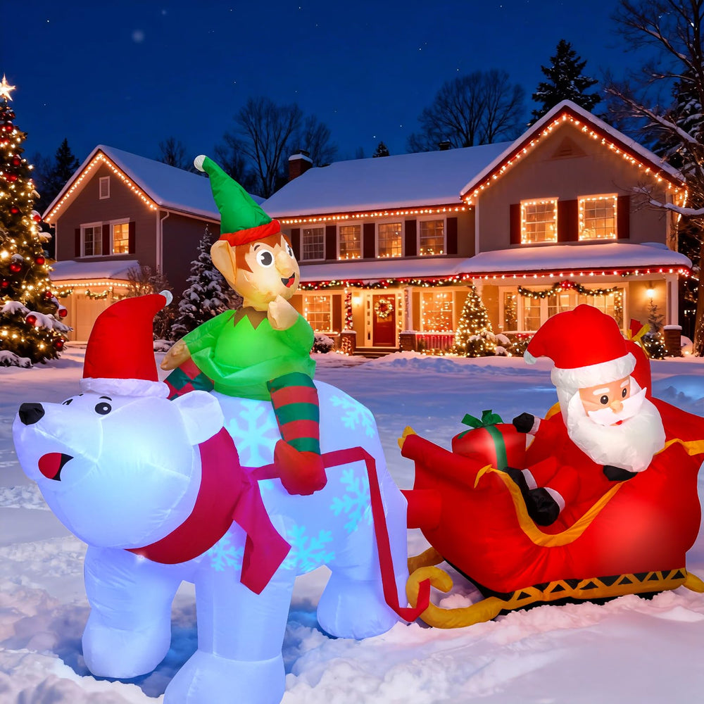 Max Fun front view of Santa sleigh inflatable showing full silhouette and LED glow