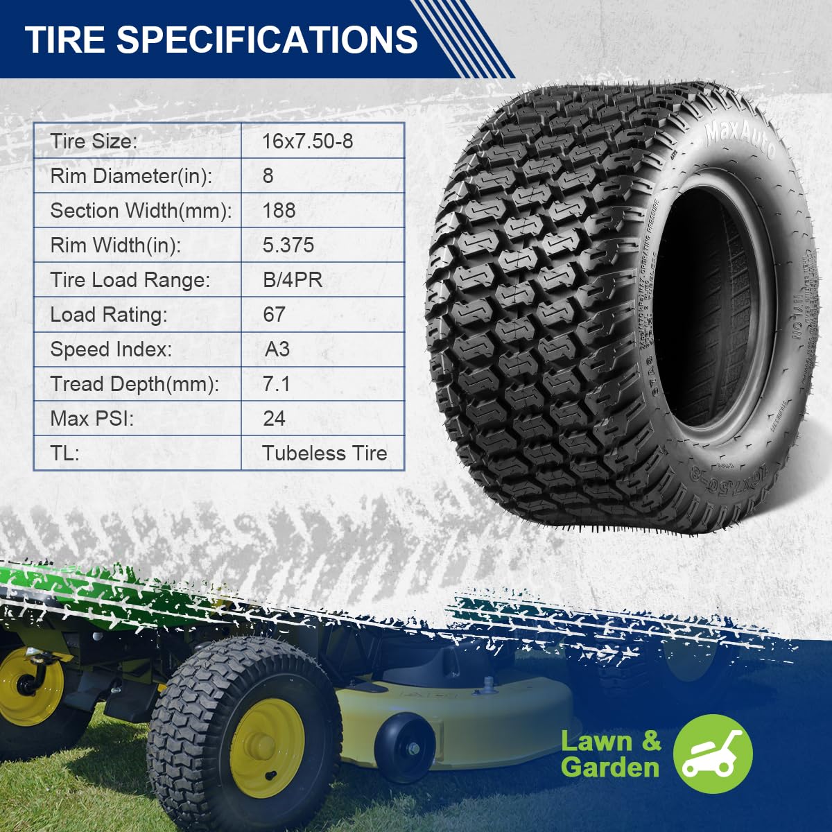 MaxAuto close-up of siped tread pattern for traction and less turf damage