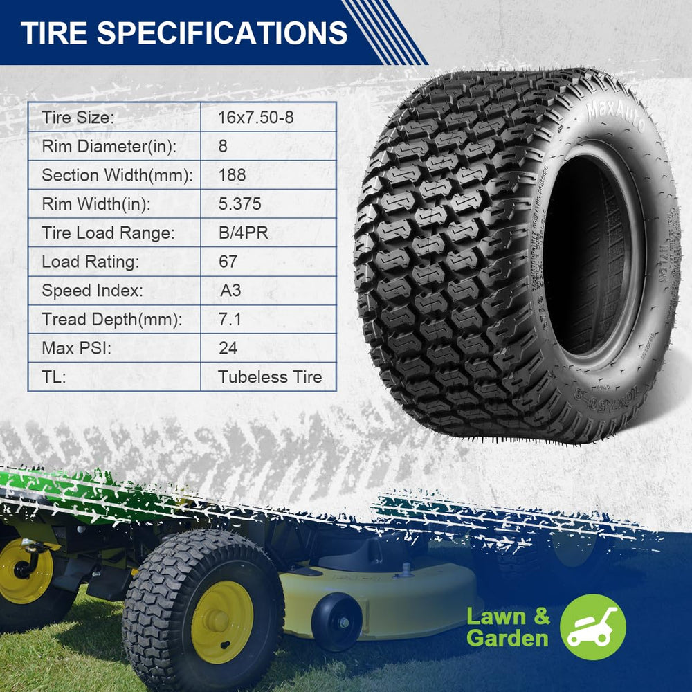 MaxAuto close-up of siped tread pattern for traction and less turf damage