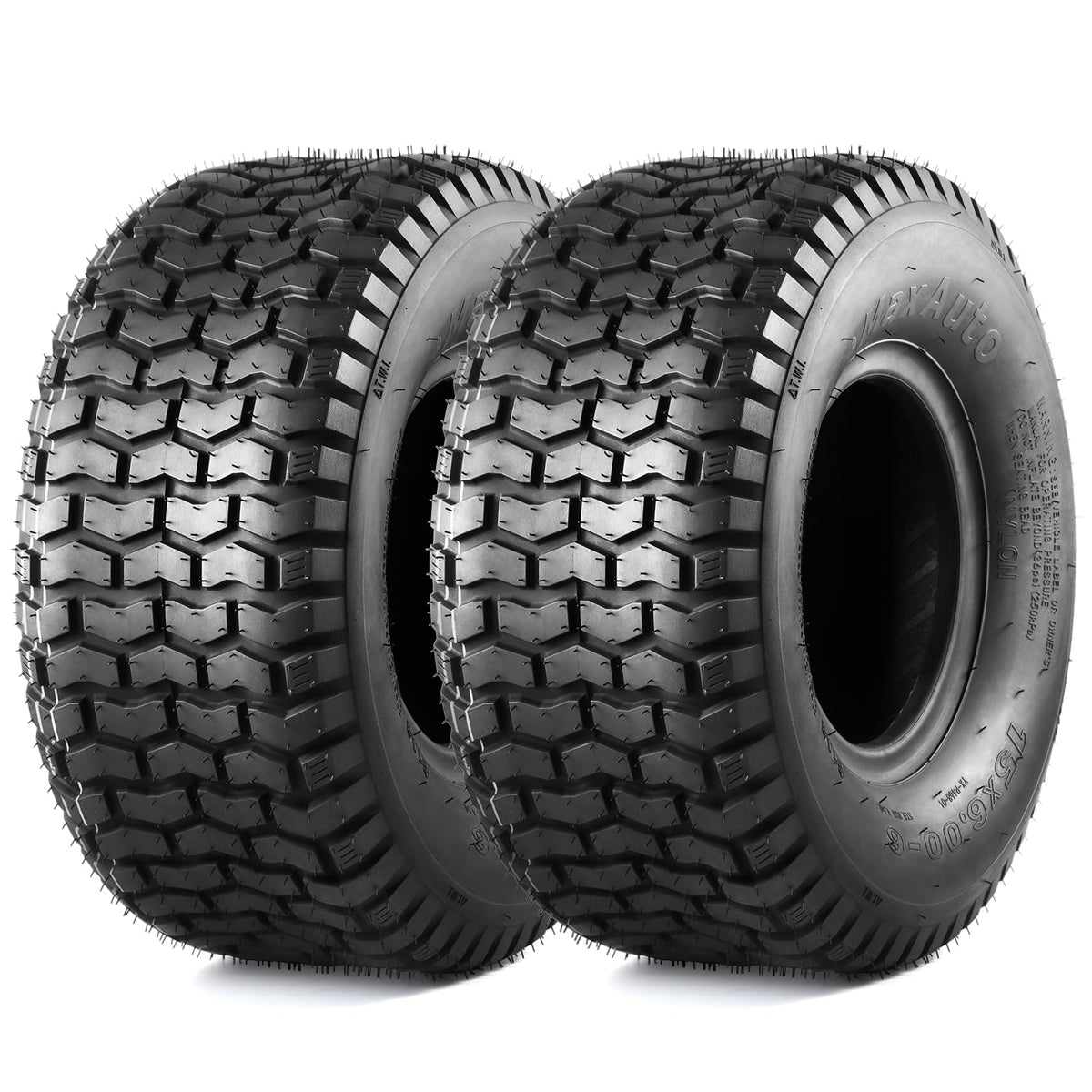 MaxAuto front view showing tire profile and turf-friendly design benefits