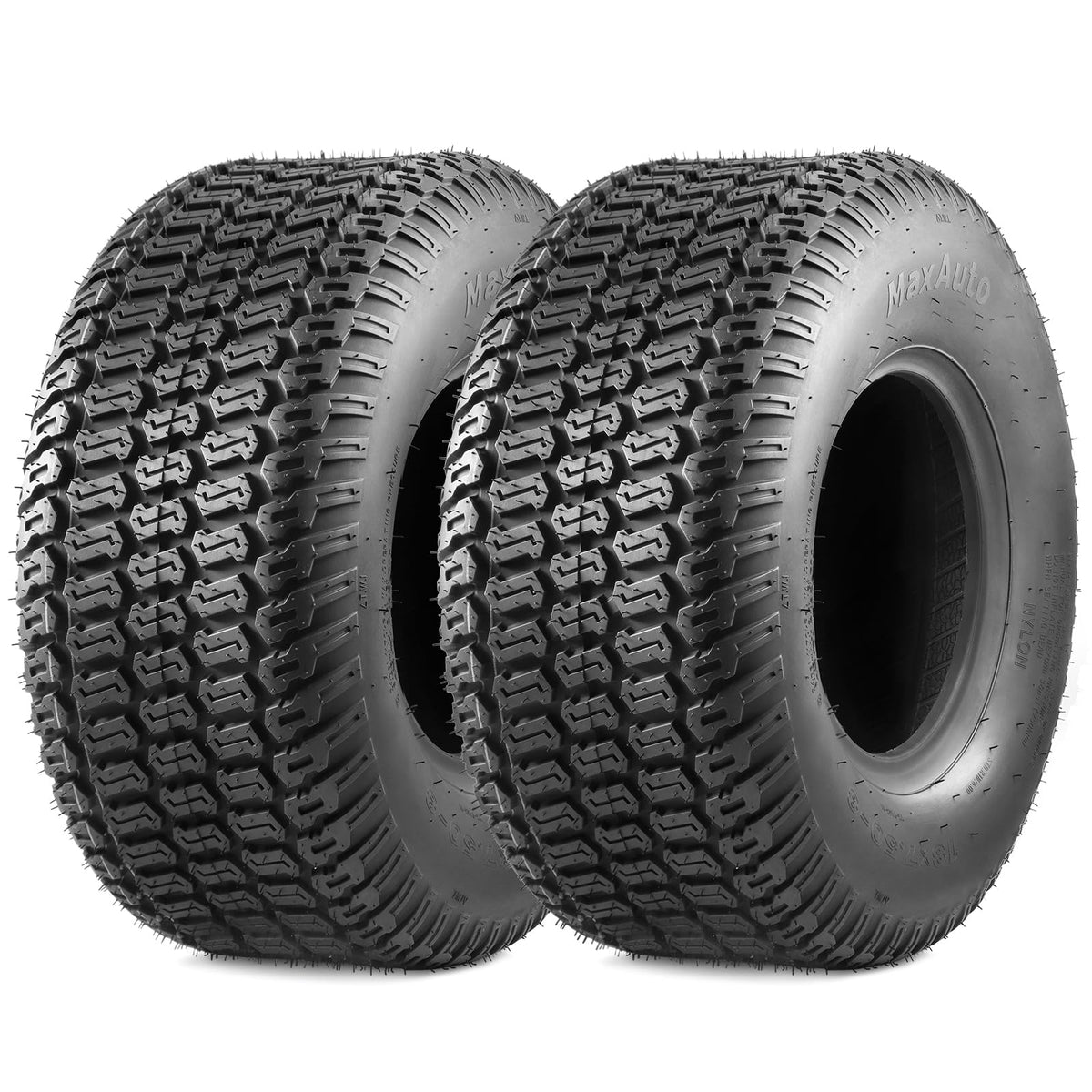 MaxAuto front profile tire showing tread and size, improves lawn protection