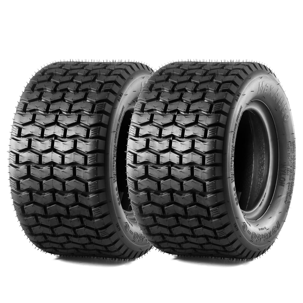 MaxAuto front view of two 13x6.50-6 turf tires showing profile and fit benefits