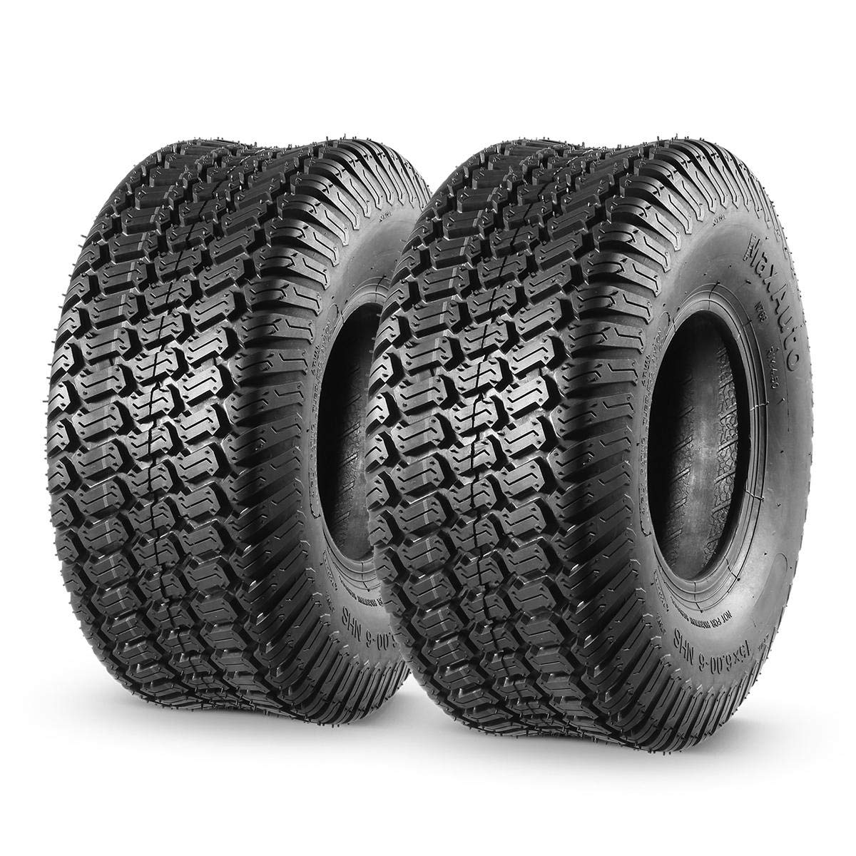 MaxAuto front view of two 15x6.00-6 tires showing full tread and profile benefit turf-friendly traction