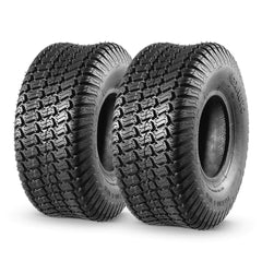 MaxAuto front view of two 15x6.00-6 tires showing full tread and profile benefit turf-friendly traction
