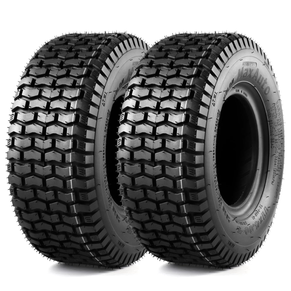 MaxAuto front view turf tire showing full profile and turf-friendly tread benefit