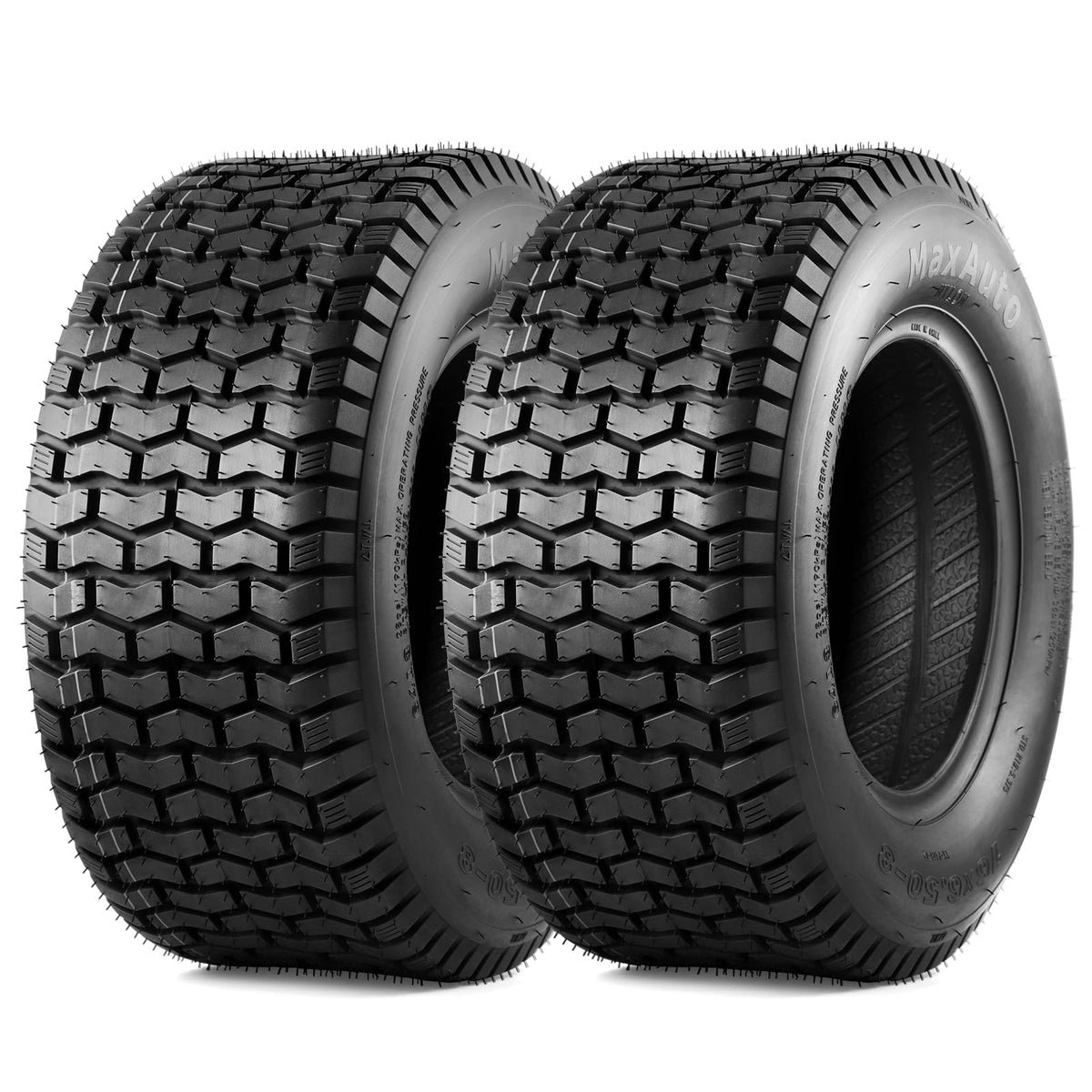 MaxAuto front view turf tire showing profile and benefit of turf-friendly traction