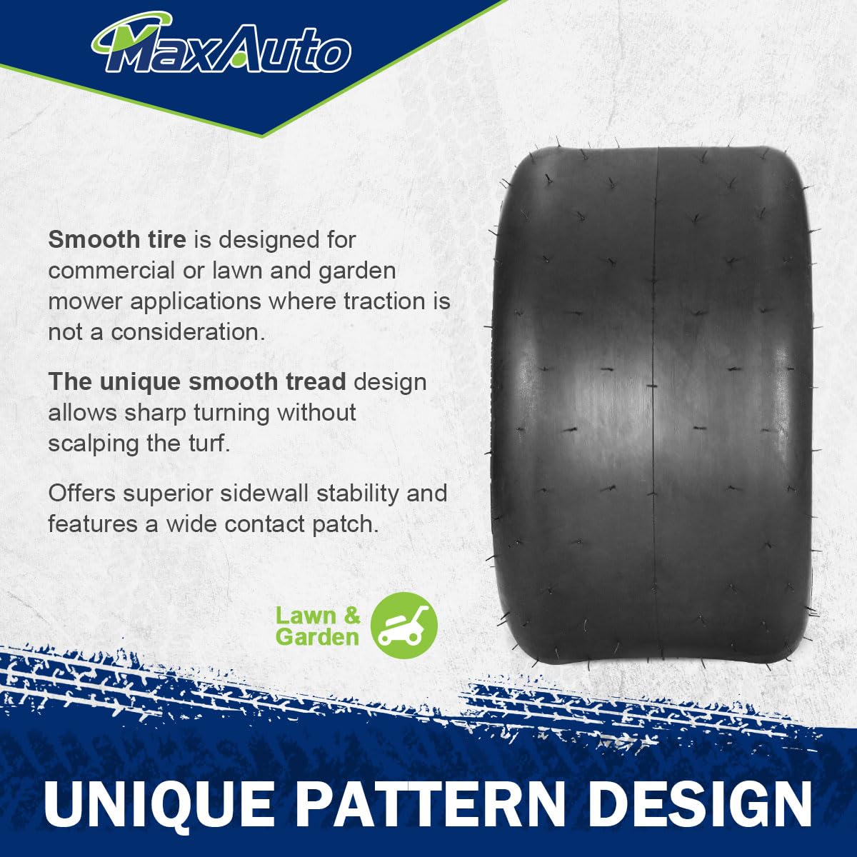 MaxAuto tire mounted on a zero-turn mower demonstrating stable handling and lawn protection