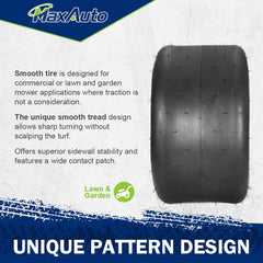 MaxAuto tire mounted on a zero-turn mower demonstrating stable handling and lawn protection