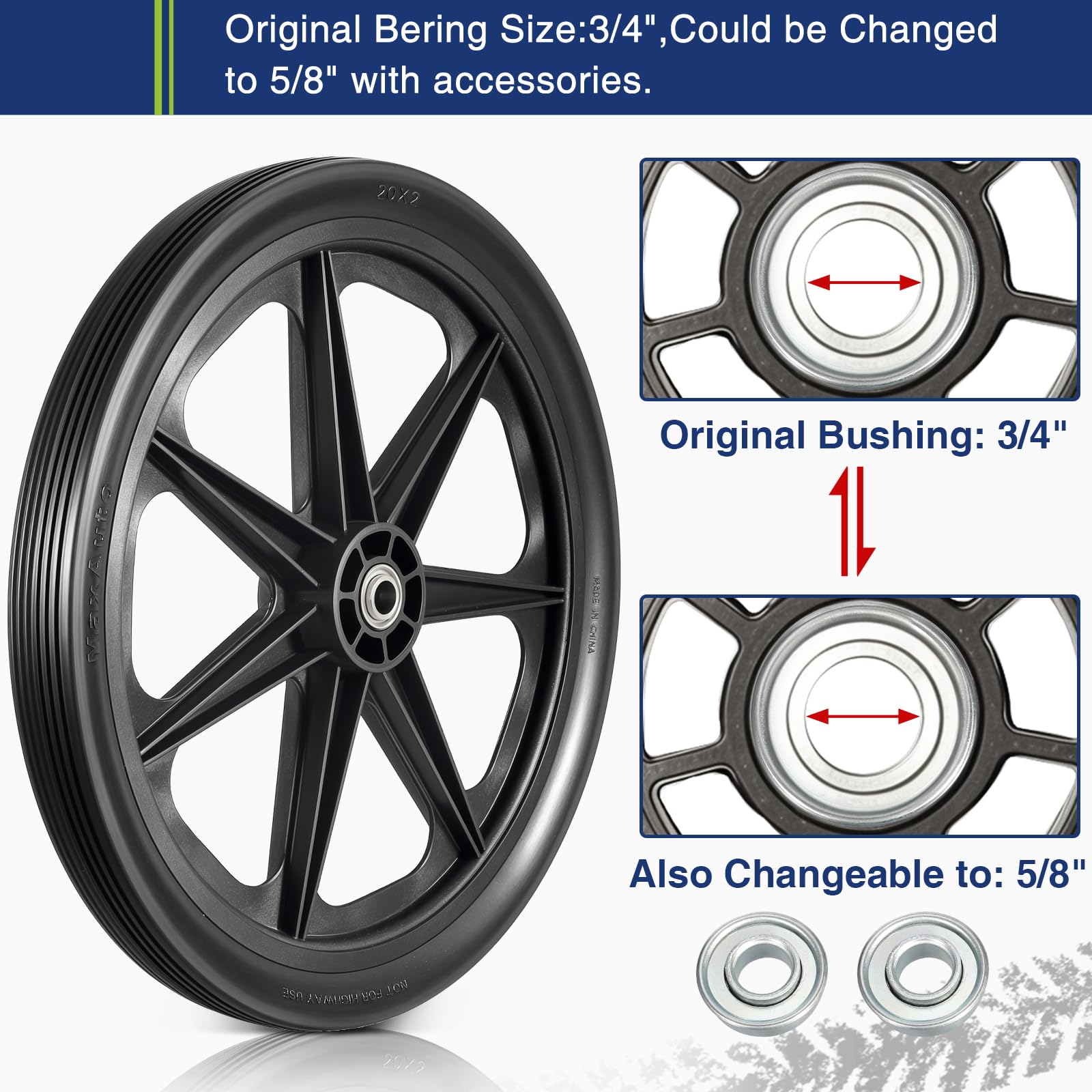 MaxAuto wheel installed on a wheelbarrow illustrating quick replacement and stable load support