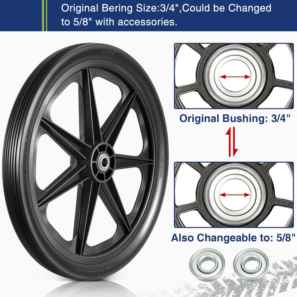 MaxAuto wheel installed on a wheelbarrow illustrating quick replacement and stable load support