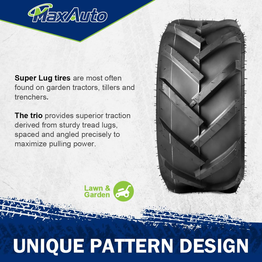 MaxAuto tire mounted on a garden tractor demonstrating stable pull and handling