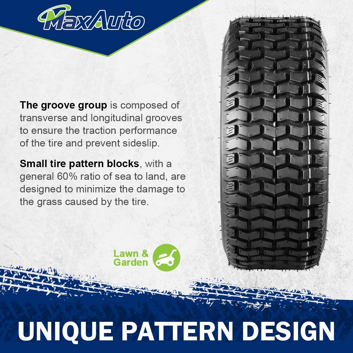 MaxAuto tire mounted on mower in-use demonstrating stable traction benefit