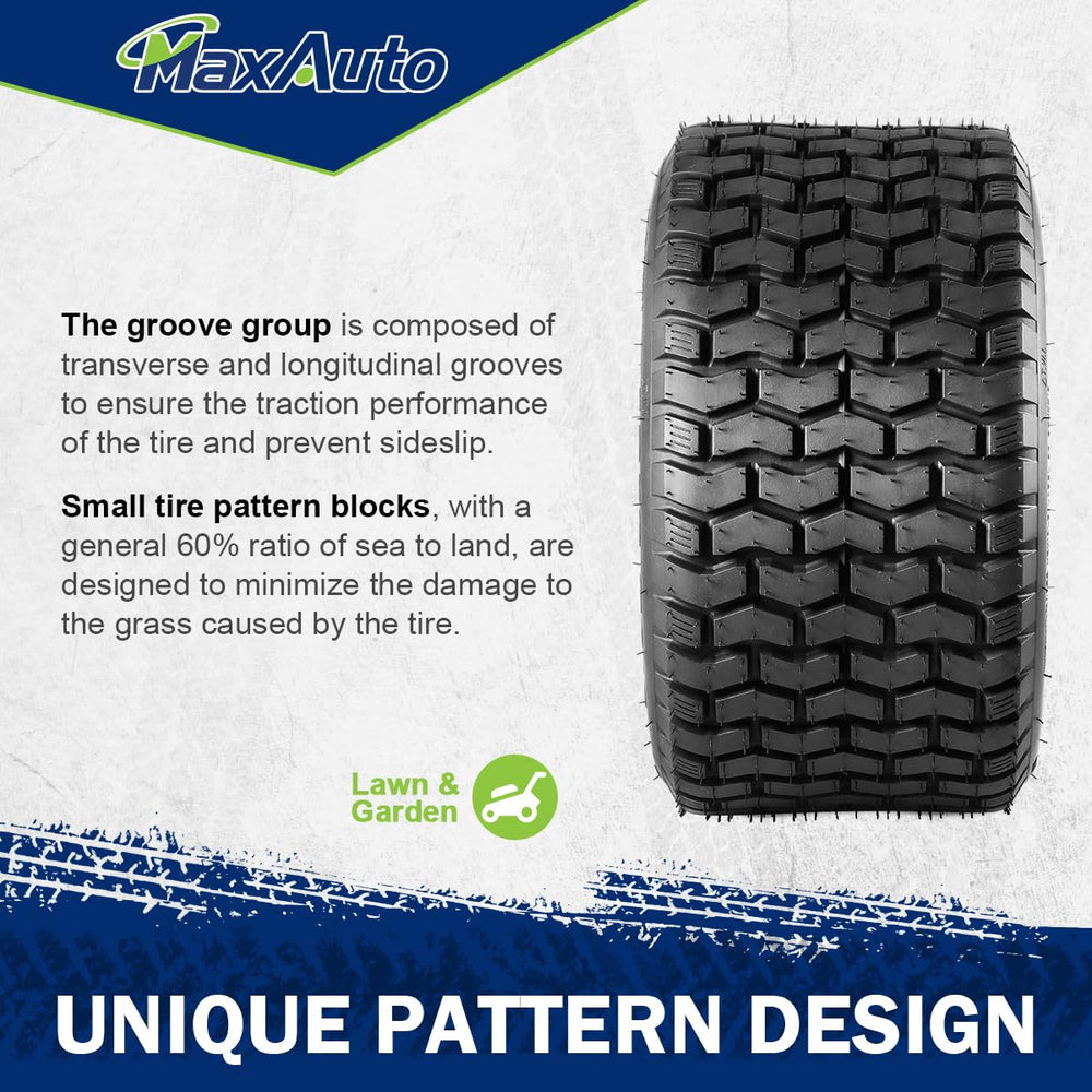 MaxAuto tire mounted on a zero-turn mower demonstrating improved grip and control
