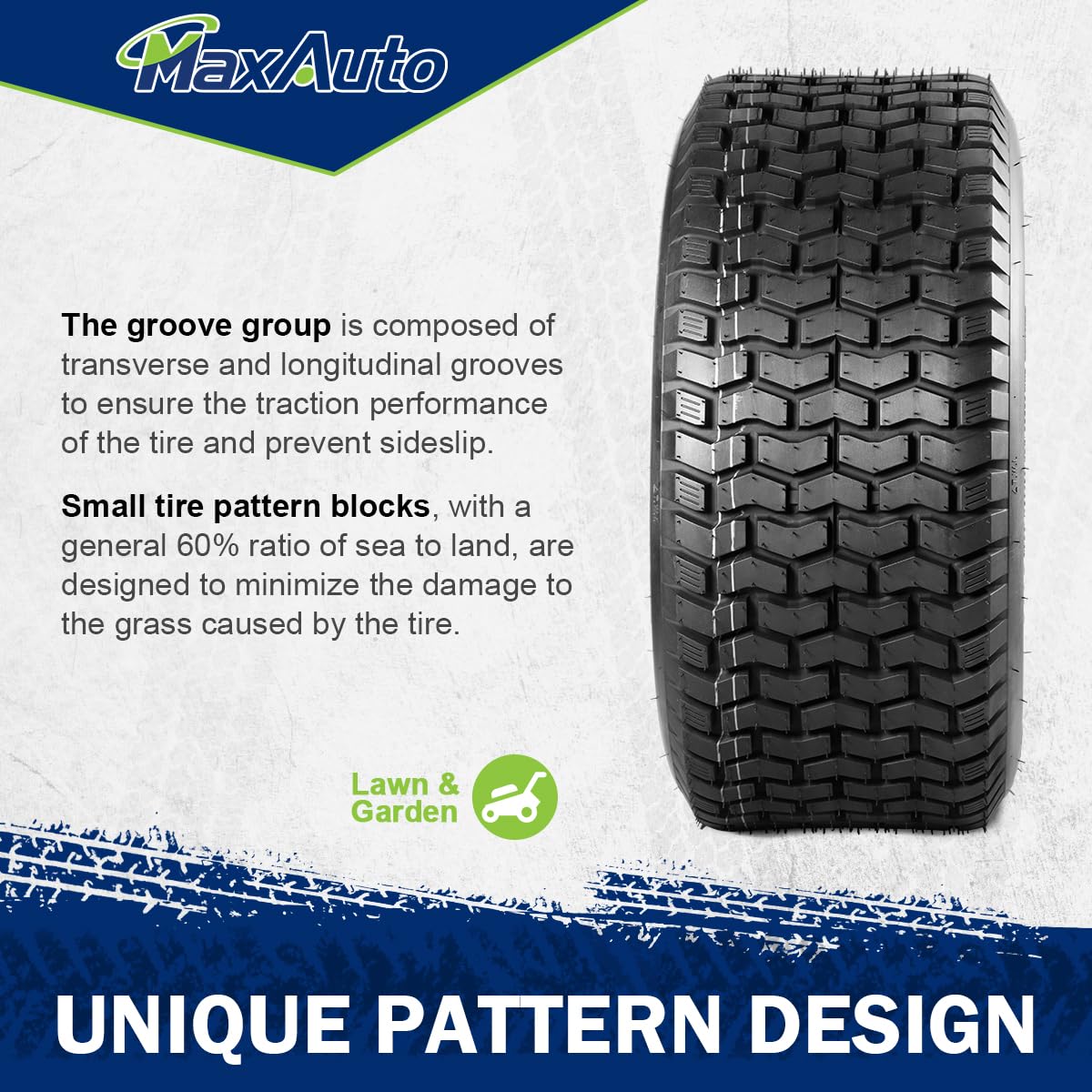 MaxAuto tire mounted on lawn tractor illustrating improved traction on grass