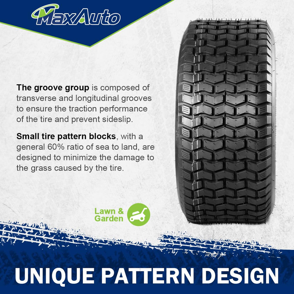 MaxAuto tire mounted on lawn tractor illustrating improved traction on grass