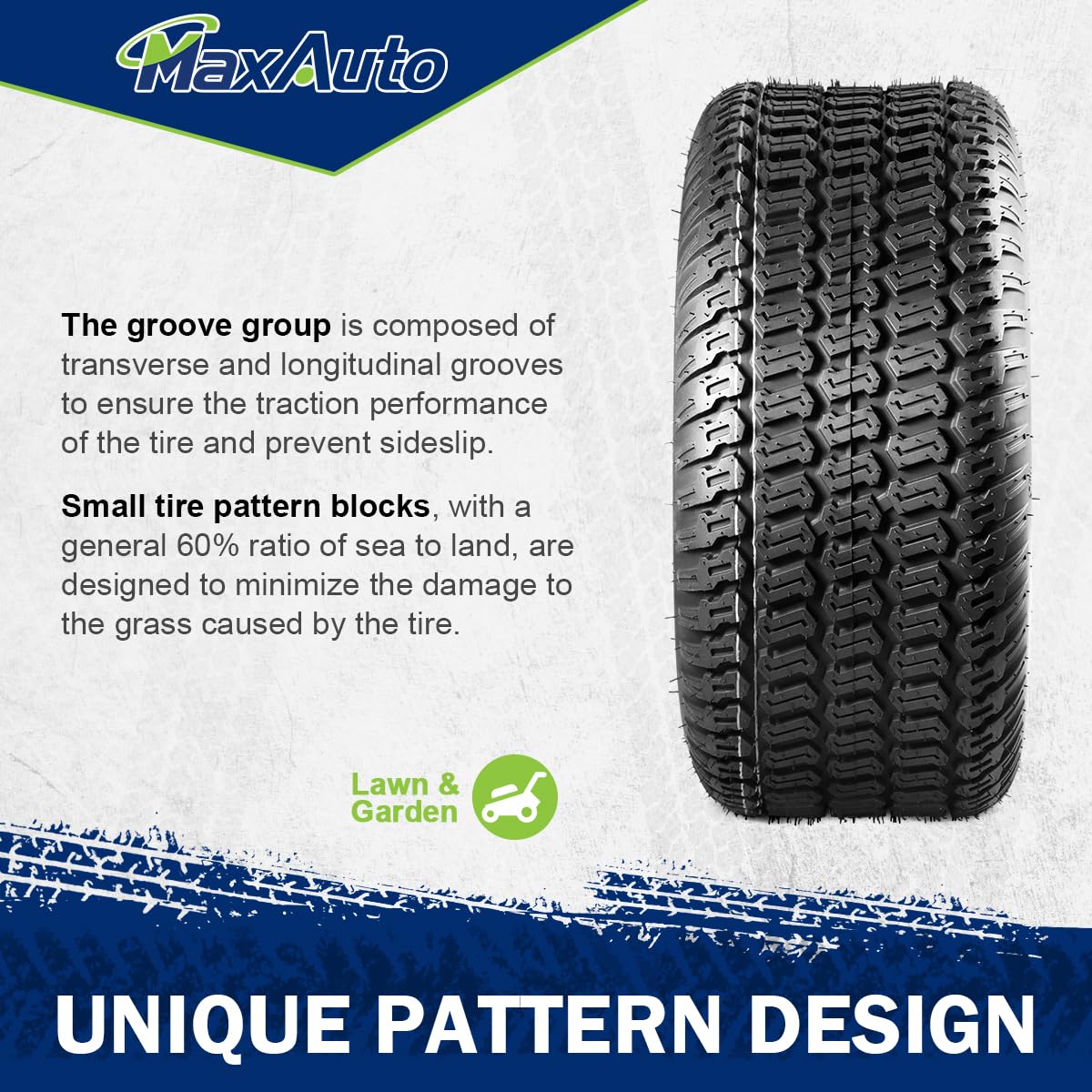 MaxAuto tire mounted on riding mower in workshop, simplifies replacement