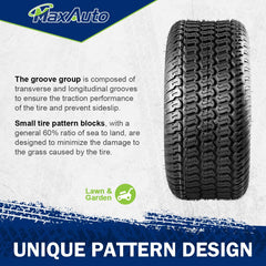 MaxAuto tire mounted on riding mower in workshop, simplifies replacement