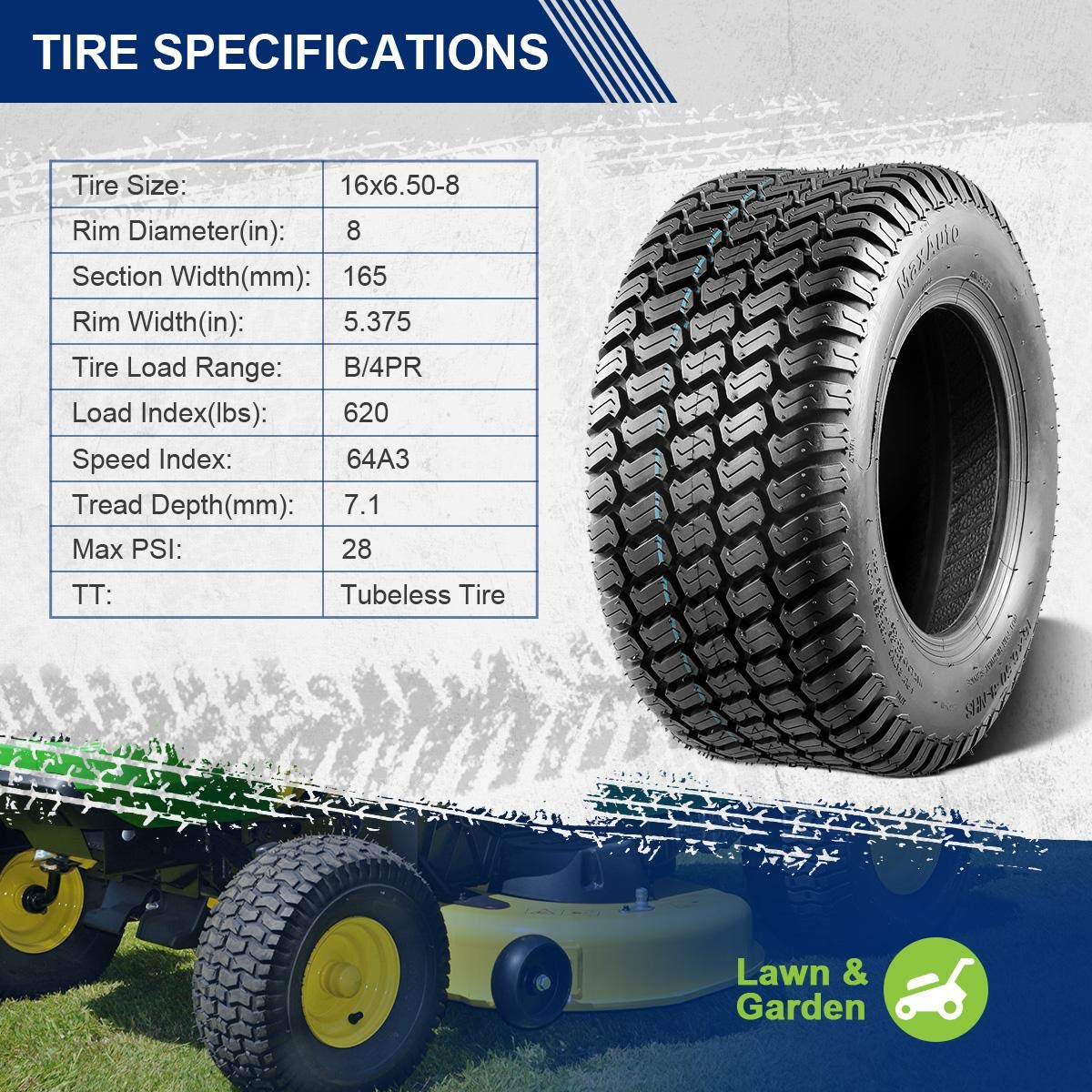 MaxAuto tire mounted on a riding mower demonstrating reliable traction